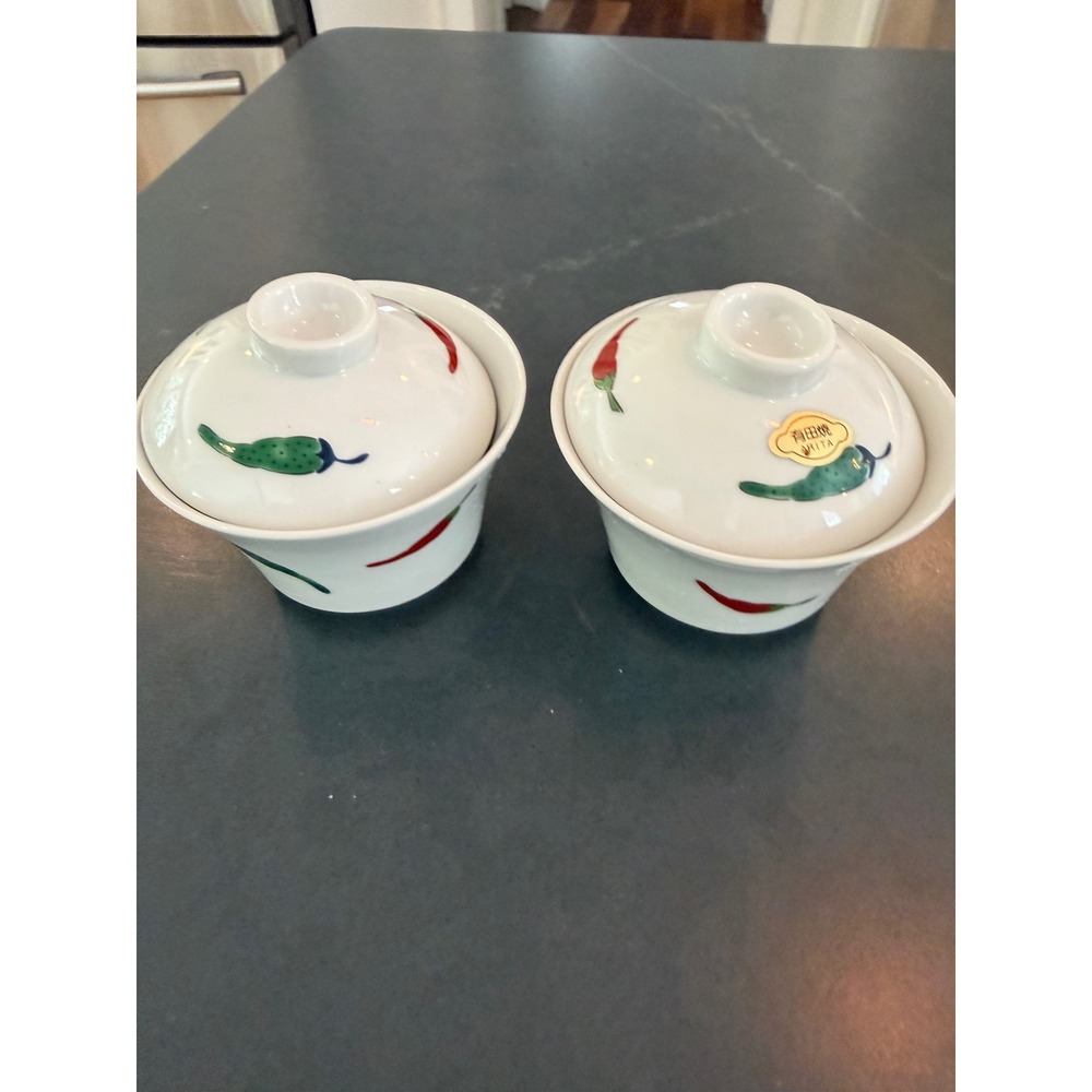 Arita Ware Japanese Porcelain Chili Pepper Lidded Chawanmushi  Bowls Set of 2